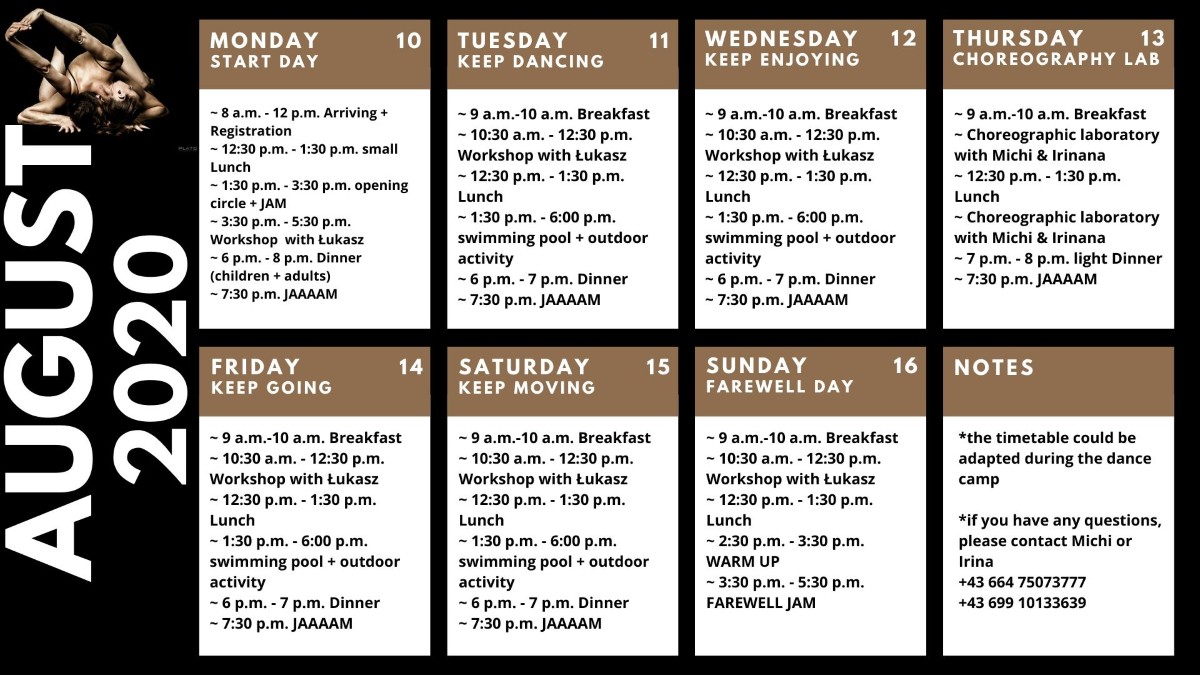 Dance Camp Schedule August 2020